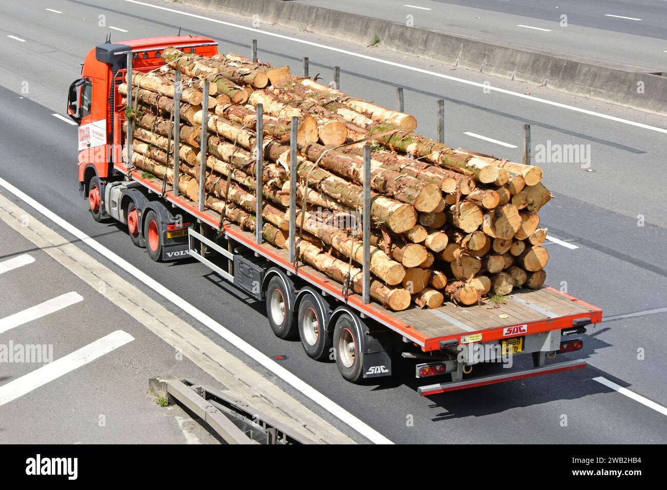 Holzrohstoffe aus Forstwirtschaft, aus der Luft, Rückansicht, geladen auf einen knickgelenkten Sattelauflieger, der mit einem lkw-Lkw m25 Autobahn in Großbritannien transportiert wird Stockfoto