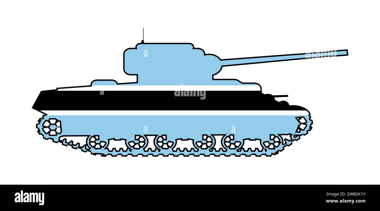 Eine Umrisssilhouette eines typischen Kampfpanzers, der Symbole und Farben der Botswana-Flagge auf weißem Hintergrund zeigt Stock Vektor