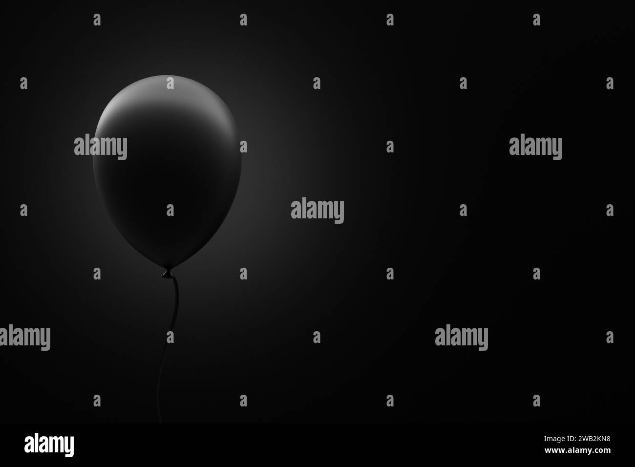 Schwarzer Ballon, der in der Luft schwingt, auf schwarzem Hintergrund mit Kopierraum. 3D-Rendering. Stockfoto