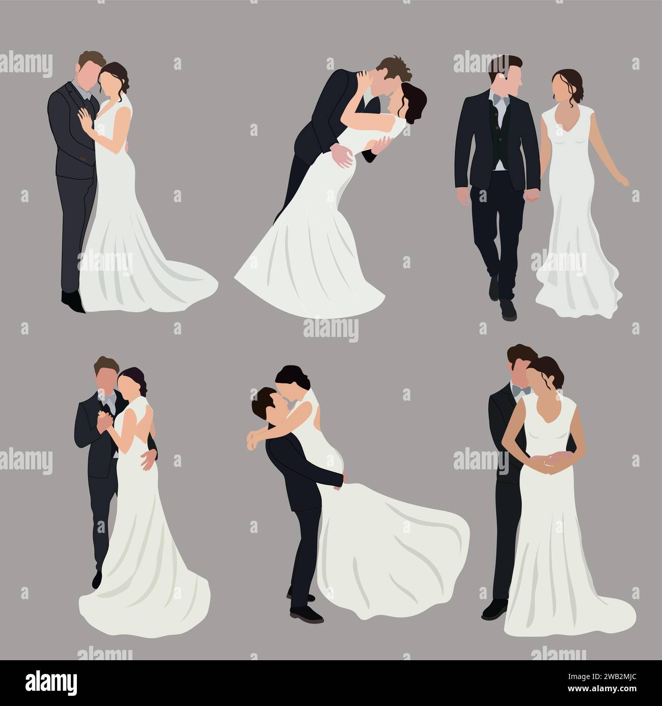 Hochzeitspaare. Braut im Hochzeitskleid, gerade verheiratetes Paar und Hochzeitszeremonie Vektor Illustration Set. Braut und Bräutigam gesichtsloses Porträt, Paar Stock Vektor