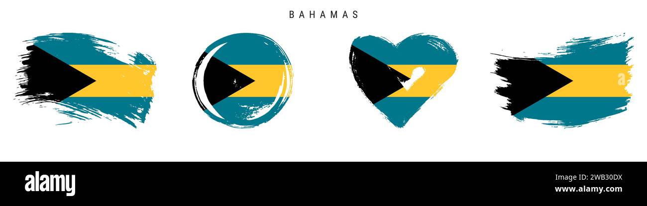 Bahamas handgezeichnetes Flaggenset im Grunge-Stil. Bahamaisches Banner in offiziellen Farben. Freier Pinsel, Kontur, Kreis- und Herzform. Flachvektorillus Stock Vektor