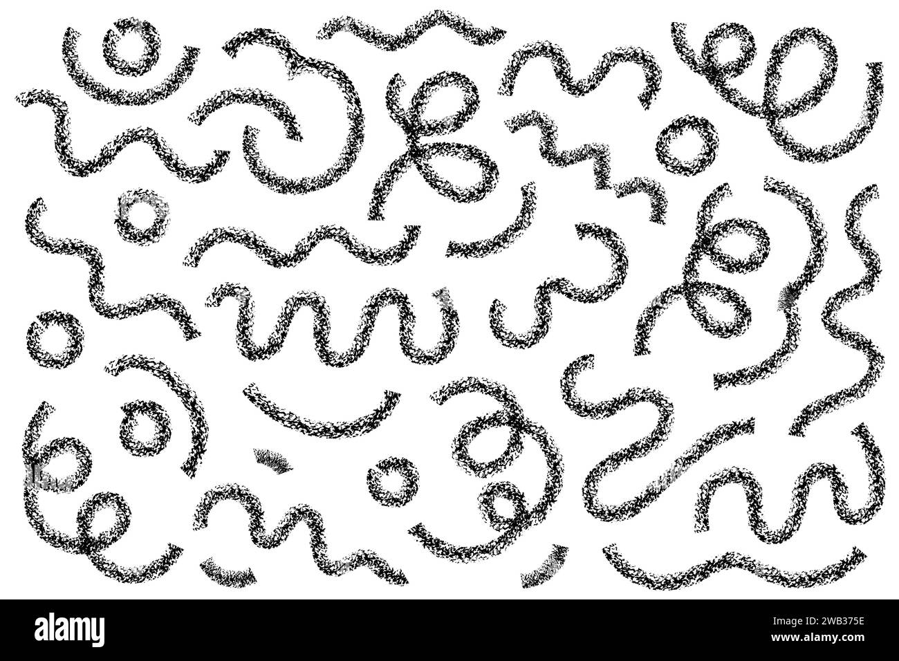 Gewellte und wirbelte Pinselstriche malen Vektor-Satz von Hand gezeichneten gekrümmten Linien mit Grunge-Effekt. Chaotische Pinsel mit strukturiertem Dekor. Unordentliches Doodl Stock Vektor