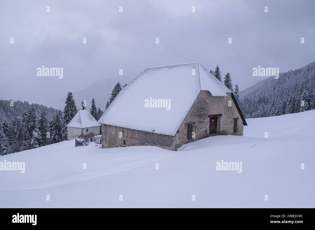 Steinscheune im Winter im Massif de la Chartreuse, Departement Isère, Region Auvergne-Rhône-Alpes, Frankreich Stockfoto