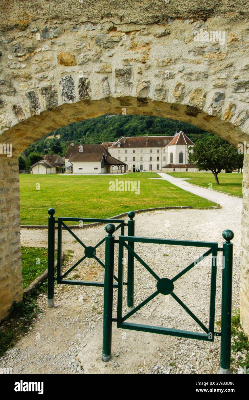 Eingang eines Parks in Ornans, Département du Doubs, région Bourgogne-Franche-Comté, Frankreich Stockfoto