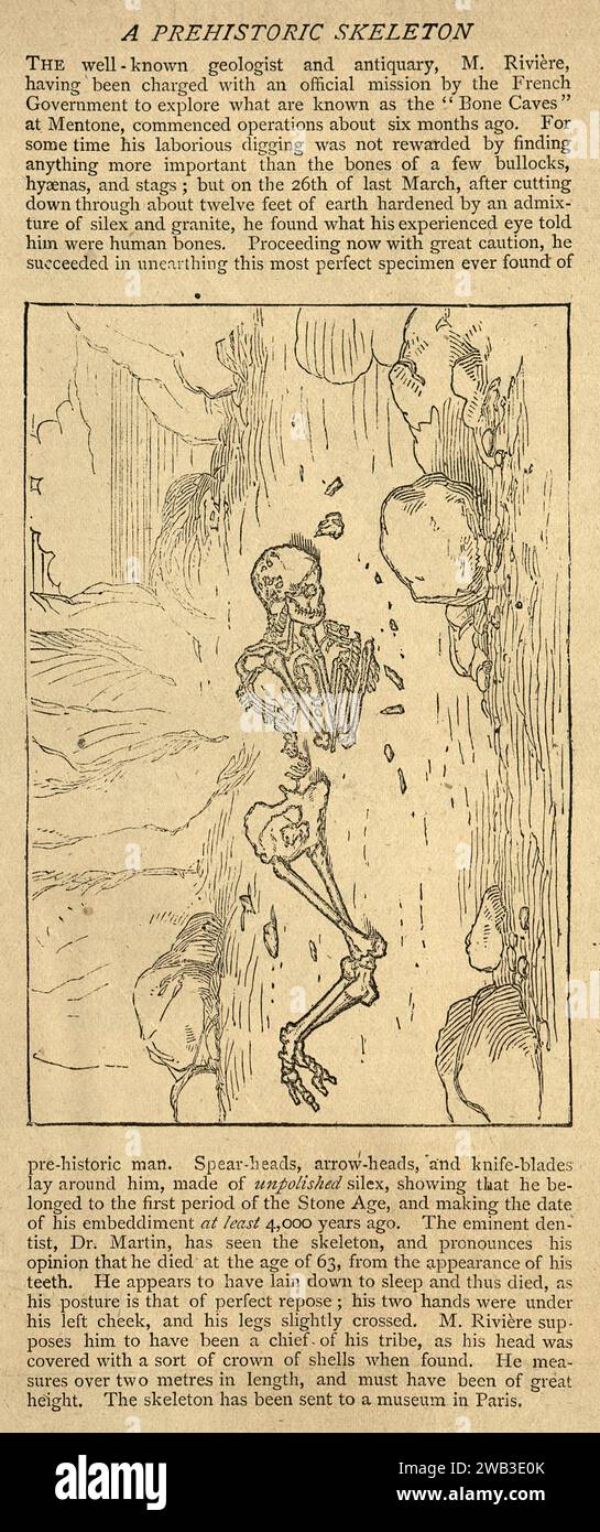 Vintage Illustration Skelett eines steinzeitlichen Mannes gefunden in Mentone 1870s, 19th Century Stockfoto