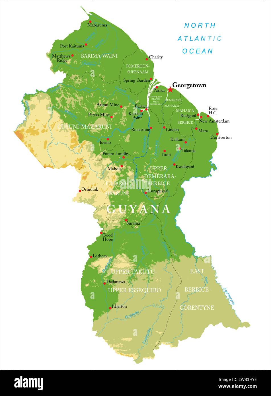 Sehr detaillierte physische Karte von Guyana im Vektorformat mit allen Reliefformen, Regionen und Großstädten. Stock Vektor