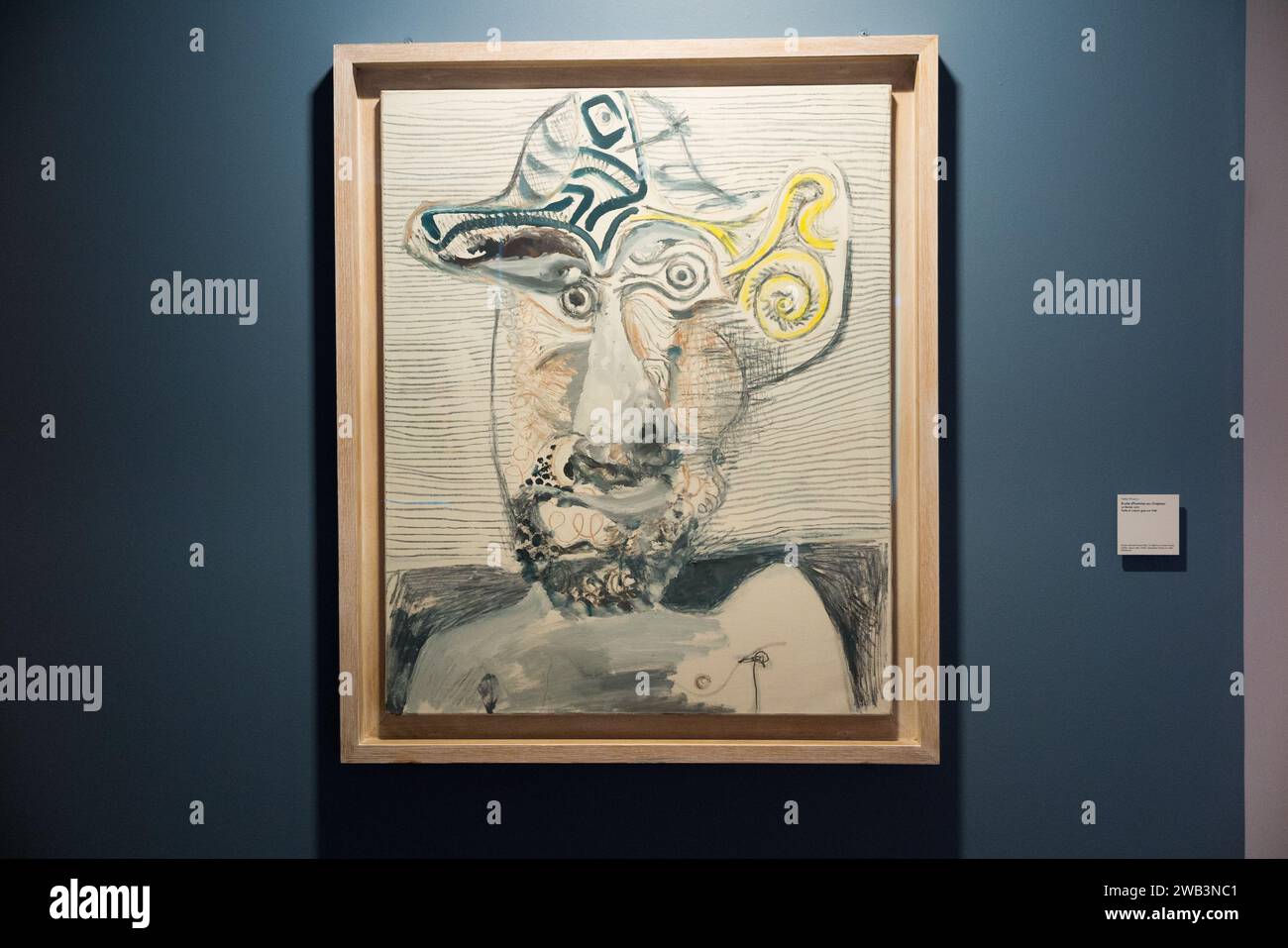 Öl- und Fettzeichnung von Pablo Picasso „Buste d'homme au Chapeau“. Kunst im Musée Picasso, ehemals Château Grimaldi. Antibes. Frankreich. (135) Stockfoto