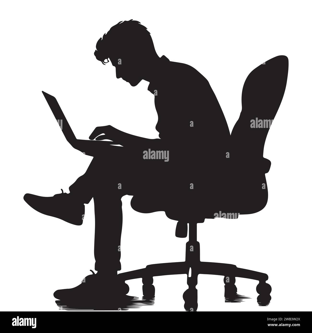 Mann arbeitet an Computer Silhouette Vektor Illustration. Stock Vektor