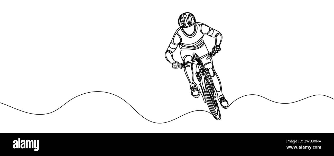 Eine Linienzeichnung von einem Kerl auf dem Fahrrad. Vektorabbildung. Stock Vektor