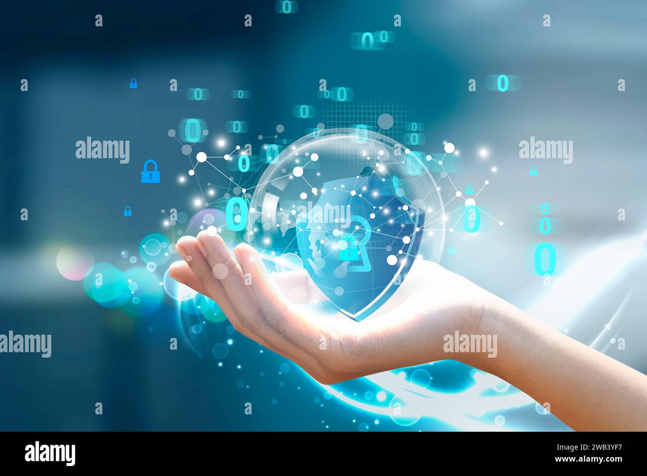 Sperrsymbol und Sicherheitstechnologie für das Internet-Netzwerk. Futuristisches hud-Symbol zum Schutz persönlicher Daten, virtuelle Bildschirmschnittstellen. Cybersicherheit. Stockfoto
