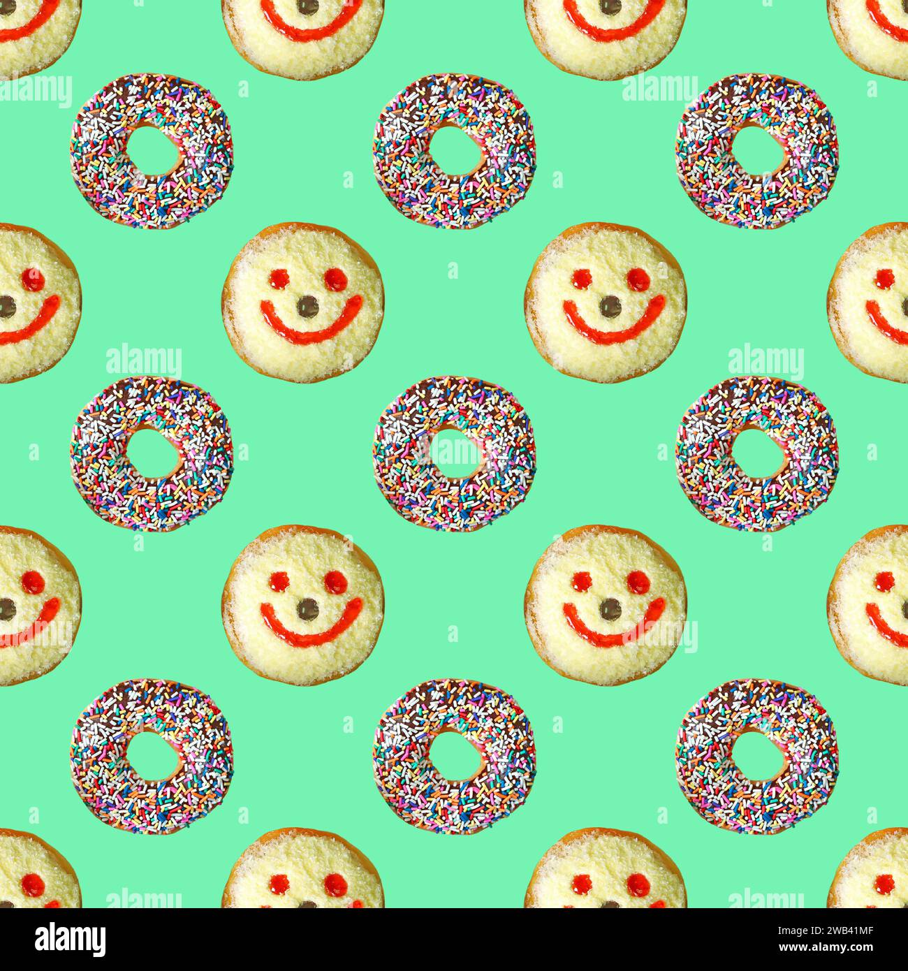 Schokolade glasierte Donuts mit lächelndem Gesicht Kokosflocken Donuts Muster auf minzgrünem Hintergrund Stockfoto