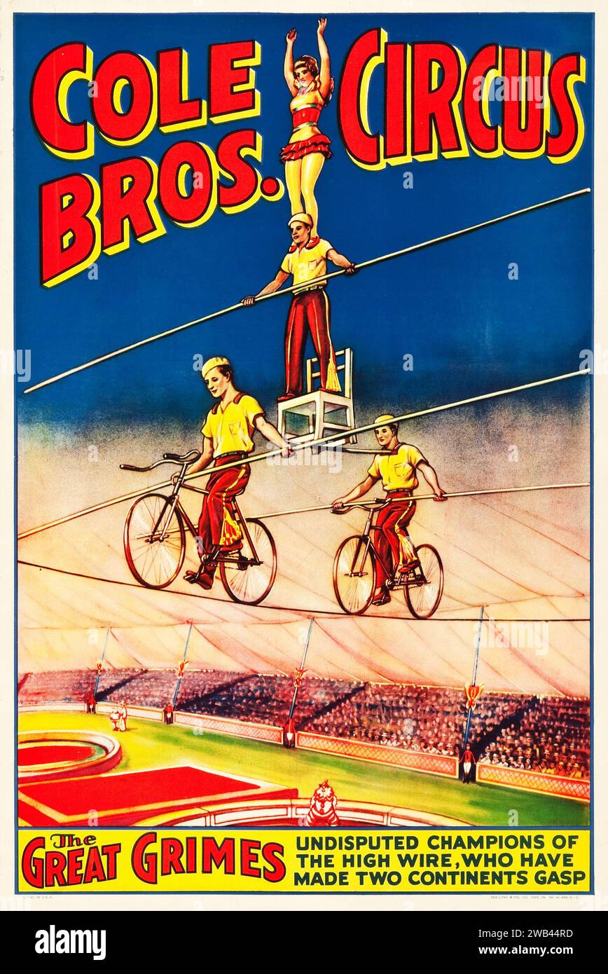 Cole Bros. Zirkusplakat (Cole Brothers, 1937). Der Great Grimes Balanceakt auf Fahrräder. Stockfoto