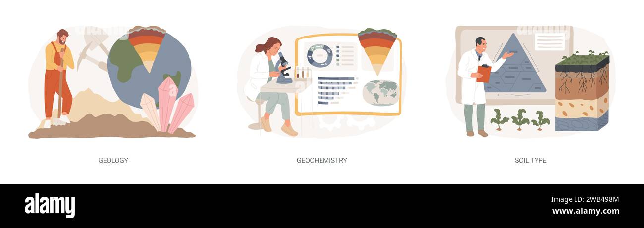 Angewandte Erdwissenschaft isolierte Konzept Vektor-Illustration Set. Geologie und Geochemie, Bodenart, physikalische Gesteinsstudie, Erdölforschung und Mineralogie, Vektorkonzept der landwirtschaftlichen Praxis. Stock Vektor