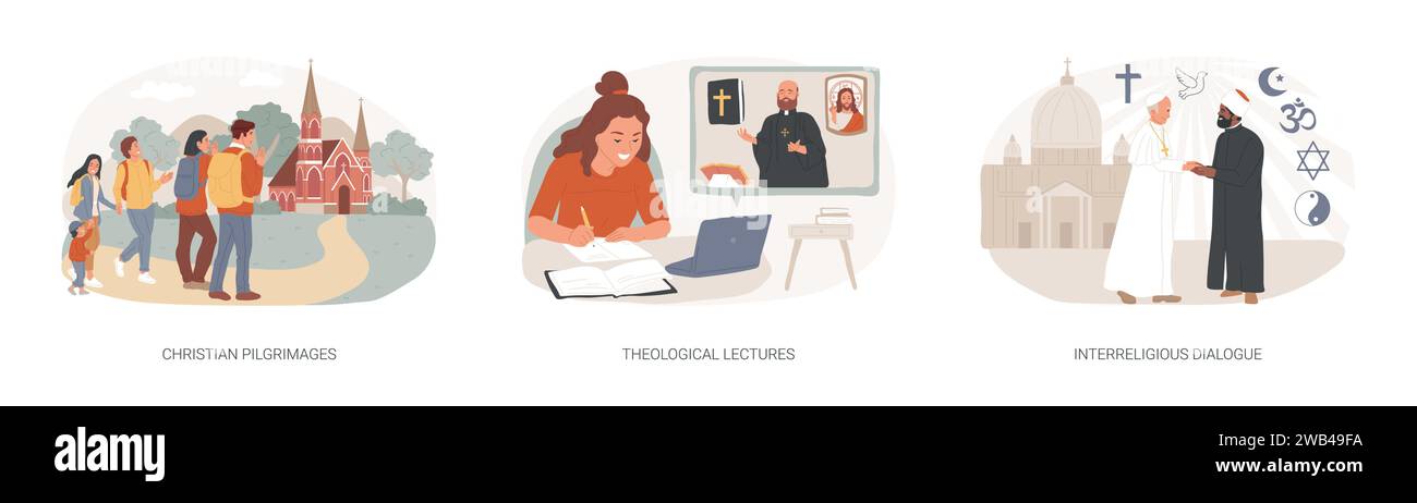 Doktrin des Gott isolierten Konzeptvektorillustrationssatzes. Christliche Pilgerfahrten, theologische Vorträge, interreligiöser Dialog, Kirchenvater, religiöses Symbol, besuchen Sie das Vektorkonzept saint Place. Stock Vektor