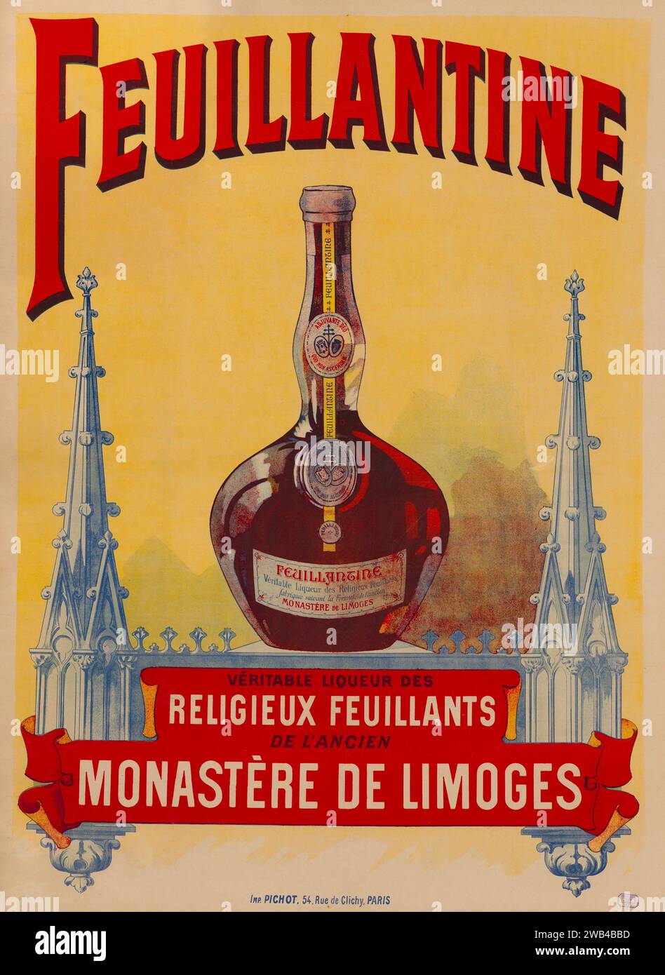Französisches Werbeplakat für Feuillantine Likör (ein Likör, der von den feuillants Mönchen des ehemaligen Klosters Limoges hergestellt wurde). 1899 Stockfoto