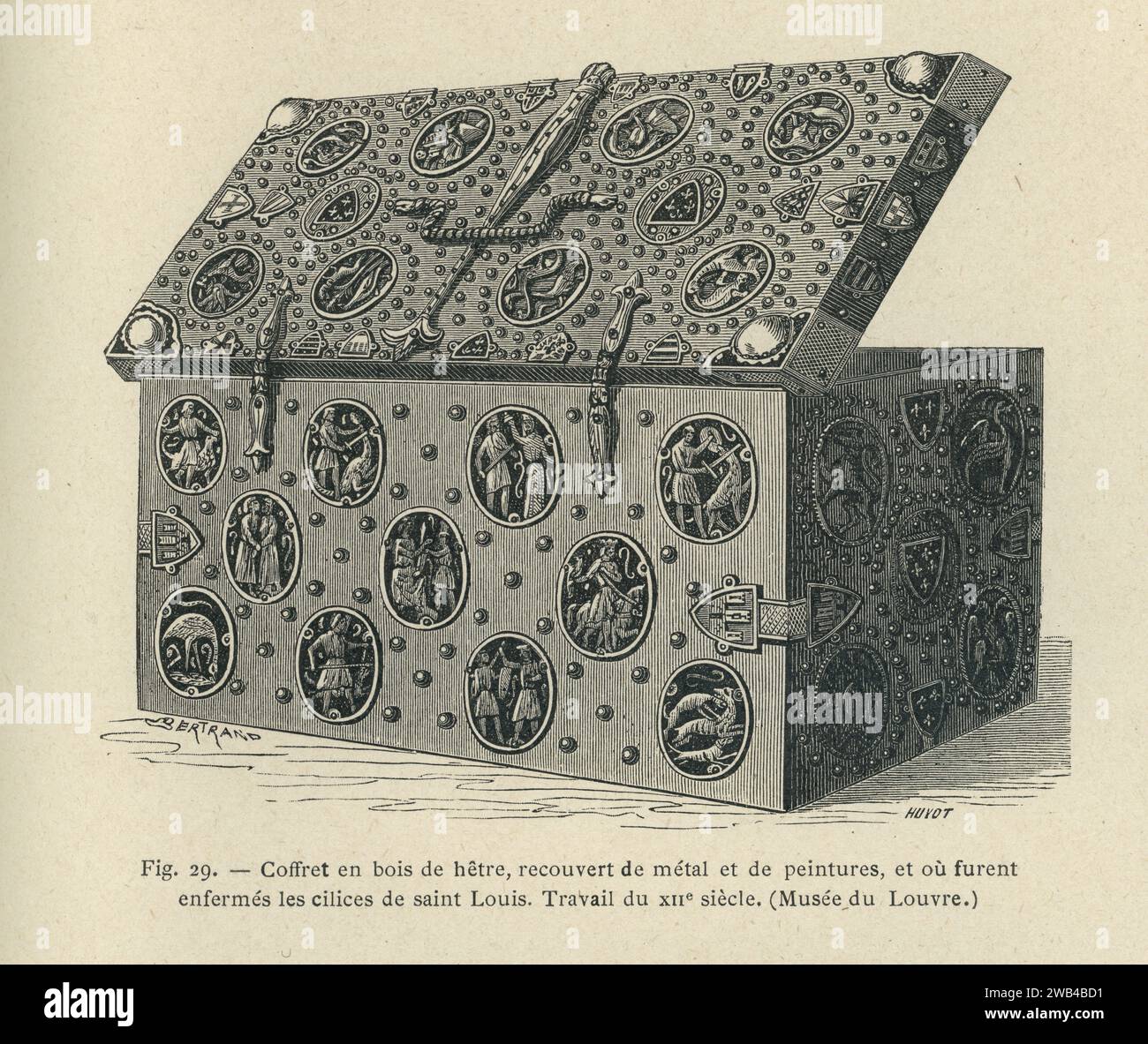 Buchenholzkiste aus dem 12. Jahrhundert, mit Metall und Farbe bedeckt, mit dem Ziliz von Saint-Louis. Illustration aus L'ancienne France: les Arts et métiers au Moyen-Âge. Etude illustrée sur le Moyen--Âge et la Renaissance d'après les ouvrages de M. Paul Lacroix', veröffentlicht 1887 bei Firmin-Didot (Paris). Stockfoto