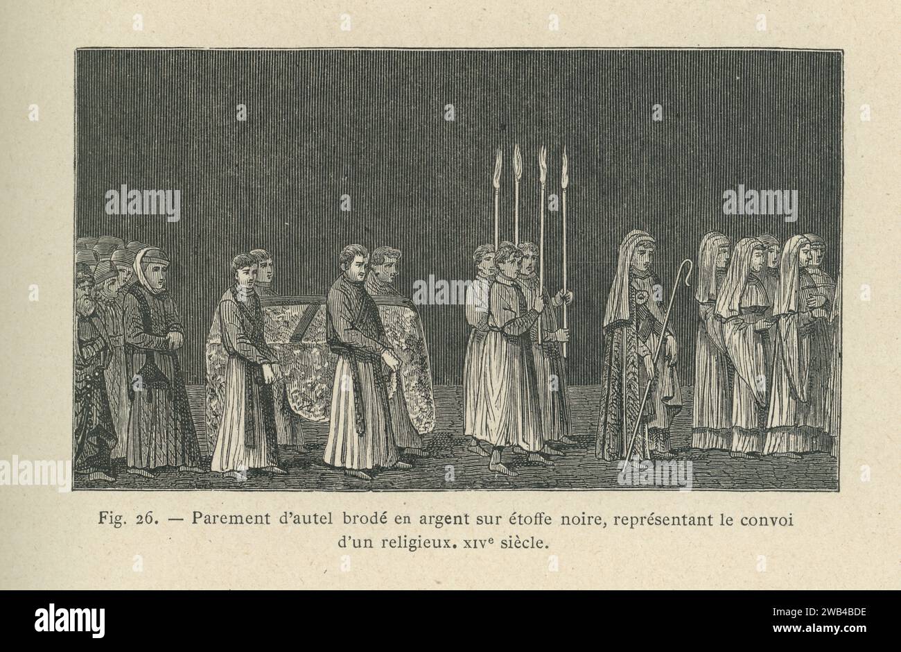 Altarband aus dem 14. Jahrhundert, gestickt in Silber auf schwarzem Tuch, zeigt die Prozession eines Klerikers. Illustration aus L'ancienne France: les Arts et métiers au Moyen-Âge. Etude illustrée sur le Moyen--Âge et la Renaissance d'après les ouvrages de M. Paul Lacroix', veröffentlicht 1887 bei Firmin-Didot (Paris). Stockfoto