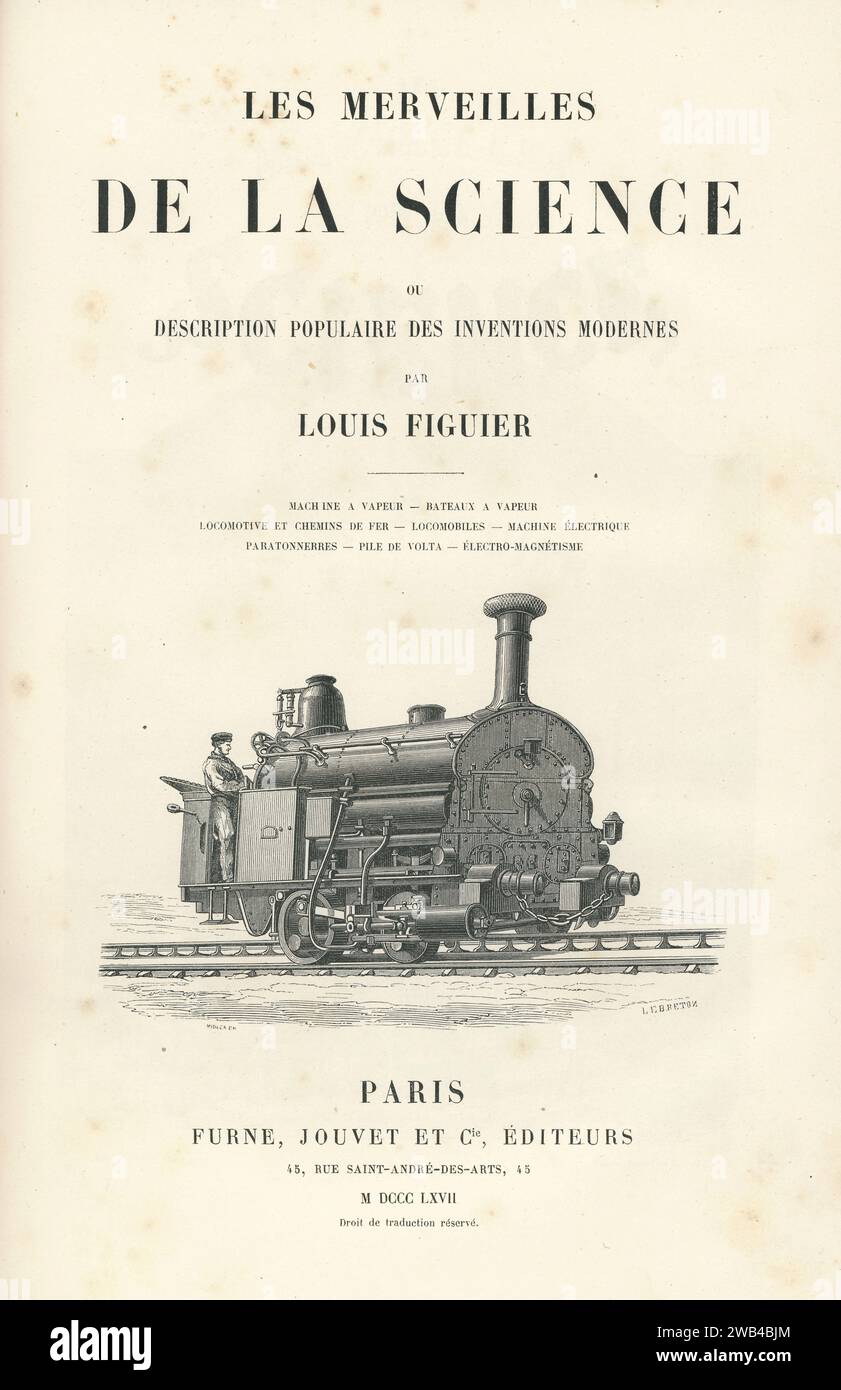 Titelseite von „Les Merveilles de la Science ou description populaire des inventions modern“, geschrieben von Louis Figuier und veröffentlicht 1867 bei Furne, Jouvet et Cie. Stockfoto