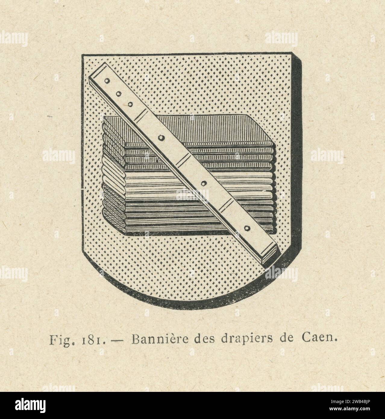 Banner der Draper von Caen. Illustration aus L'ancienne France: les Arts et métiers au Moyen-Âge. Etude illustrée sur le Moyen--Âge et la Renaissance d'après les ouvrages de M. Paul Lacroix', veröffentlicht 1887 bei Firmin-Didot (Paris). Stockfoto