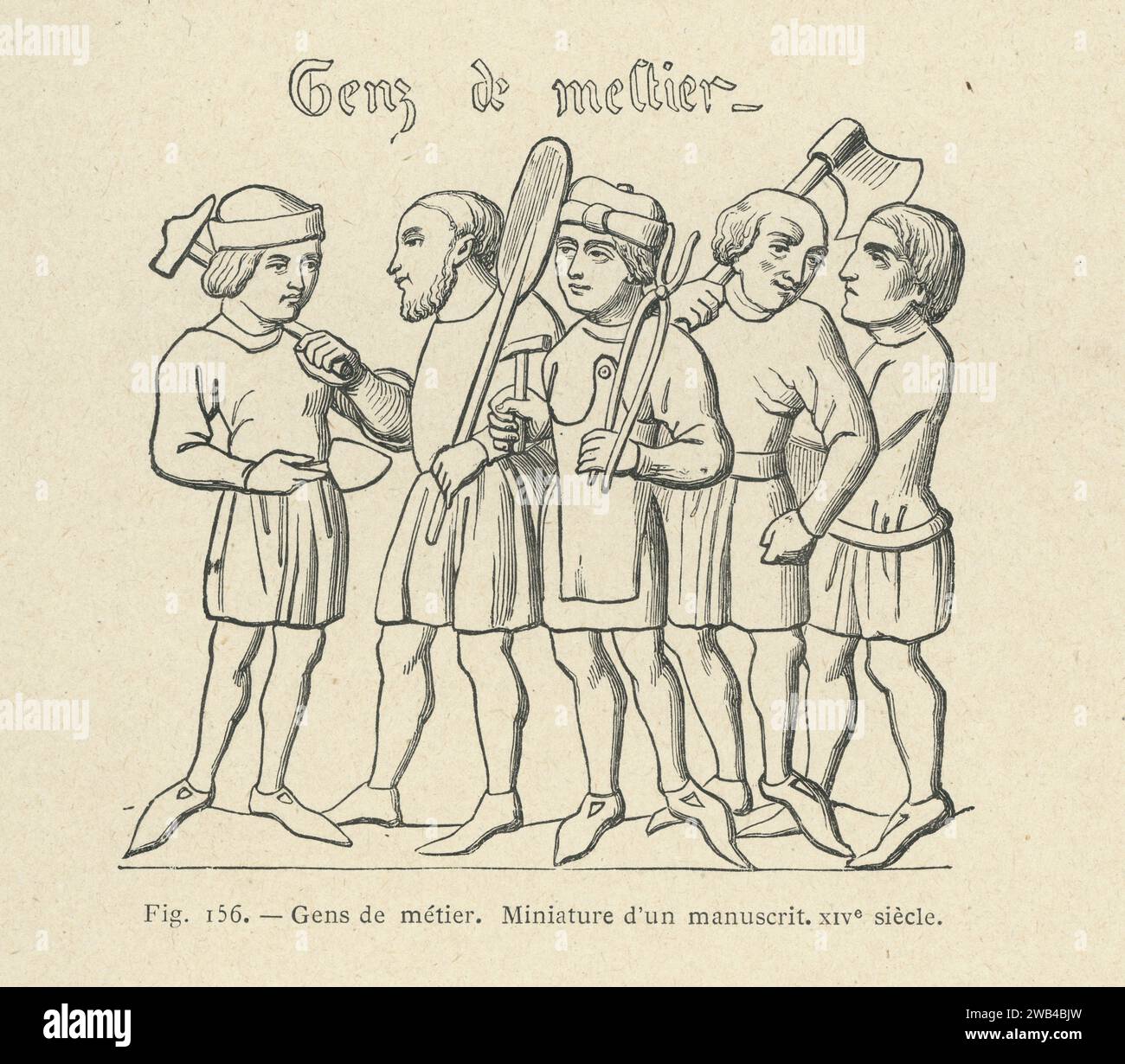 Handwerker im 14. Jahrhundert. Illustration aus L'ancienne France: les Arts et métiers au Moyen-Âge. Etude illustrée sur le Moyen--Âge et la Renaissance d'après les ouvrages de M. Paul Lacroix', veröffentlicht 1887 bei Firmin-Didot (Paris). Stockfoto