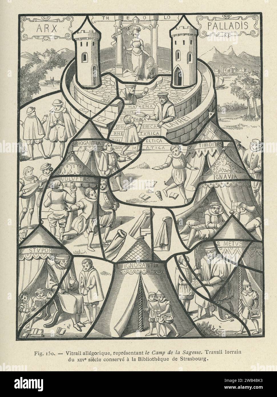 Allegorisches Buntglasfenster, das das „Lager der Weisheit“ darstellt. Arbeit aus Lothringen im 14. Jahrhundert. Illustration aus L'ancienne France: les Arts et métiers au Moyen-Âge. Etude illustrée sur le Moyen--Âge et la Renaissance d'après les ouvrages de M. Paul Lacroix', veröffentlicht 1887 bei Firmin-Didot (Paris). Stockfoto