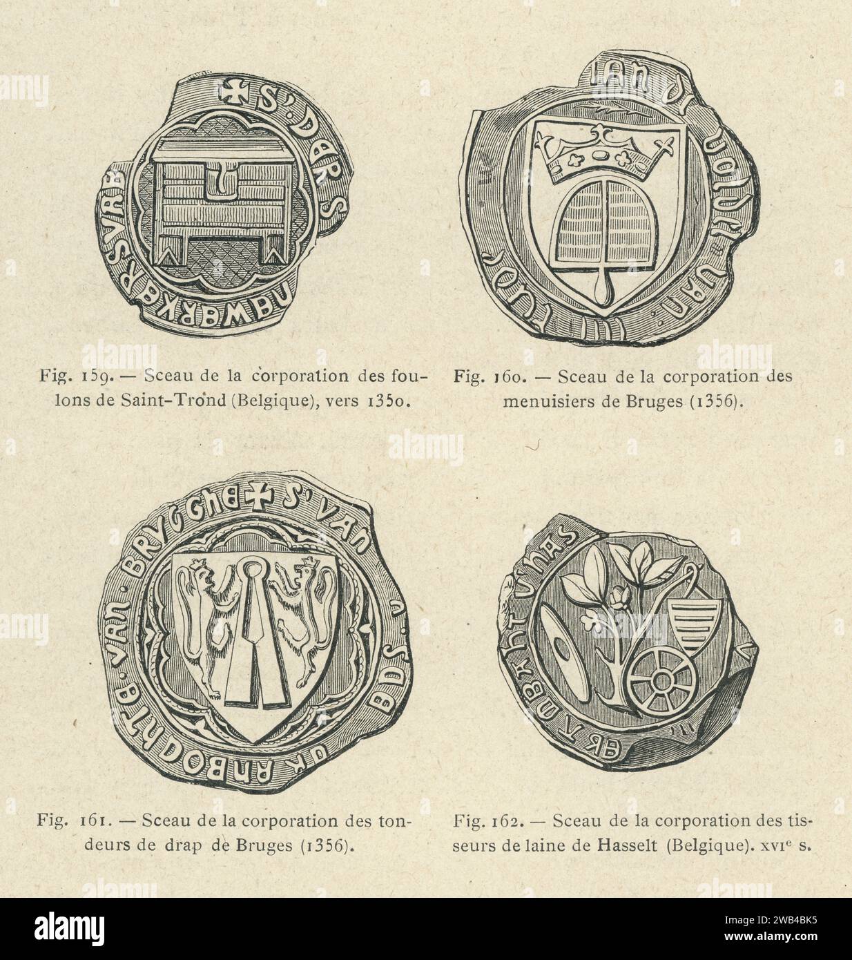 Belgische Handelssiegel: Von oben nach unten und von links nach rechts: - Gilde der Tanners von Sint-Truiden - Gilde der Zimmerleute von Brügge - Gilde der Tuchscheren von Brügge - Gilde der Wollweber von Hasselt Illustration aus L'ancienne Frankreich: les Arts et métiers au Moyen-Âge. Etude illustrée sur le Moyen--Âge et la Renaissance d'après les ouvrages de M. Paul Lacroix', veröffentlicht 1887 bei Firmin-Didot (Paris). Stockfoto