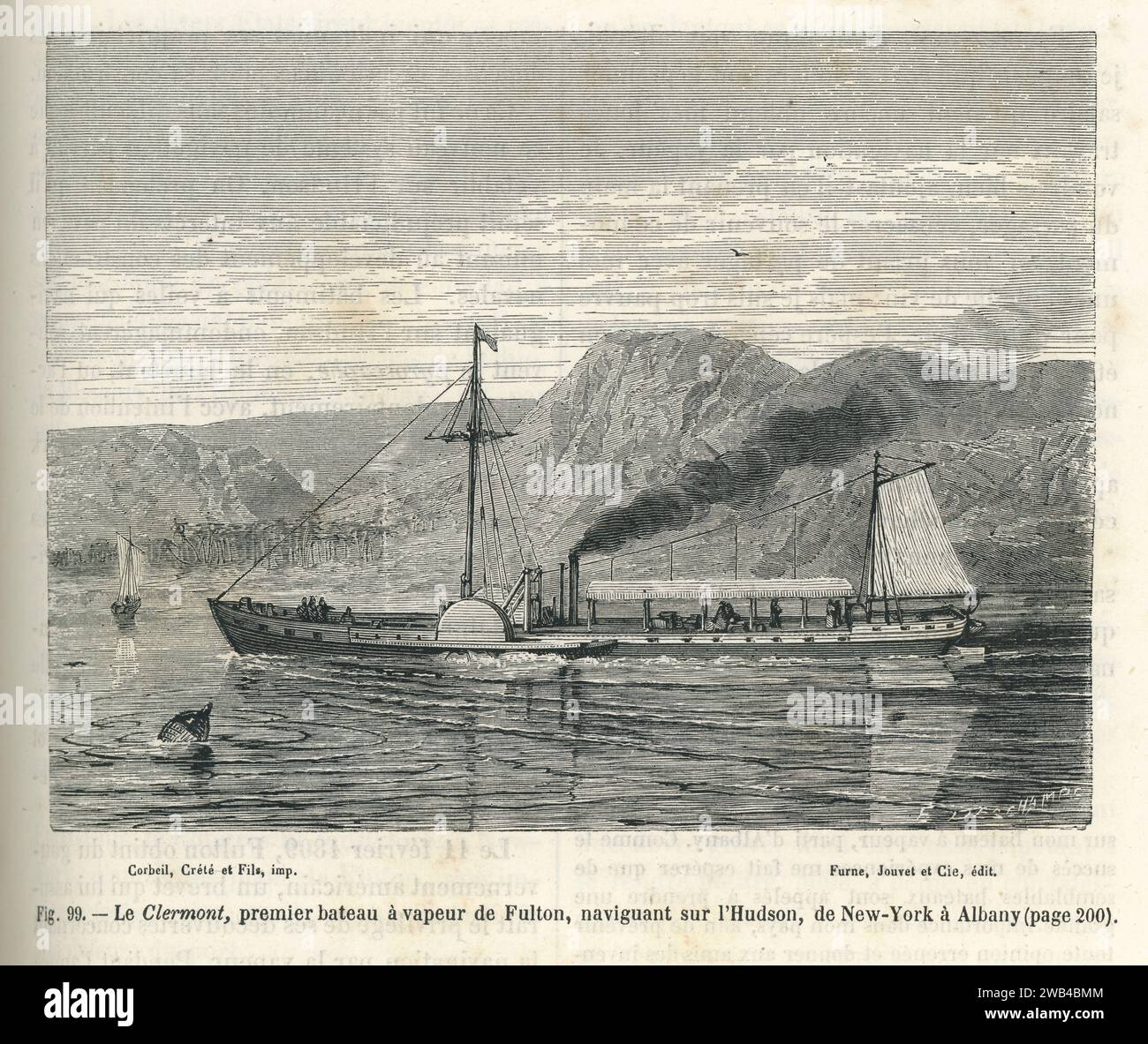 Le Clermont' Dampfschiff auf dem Hudson River (zwischen New York und Albany), das 1807 vom Amerikaner Robert Fulton erfunden wurde. Illustration aus „Les Merveilles de la Science ou description populaire des inventions modern“ von Louis Figuier geschrieben und 1867 bei Furne, Jouvet et Cie veröffentlicht. Stockfoto