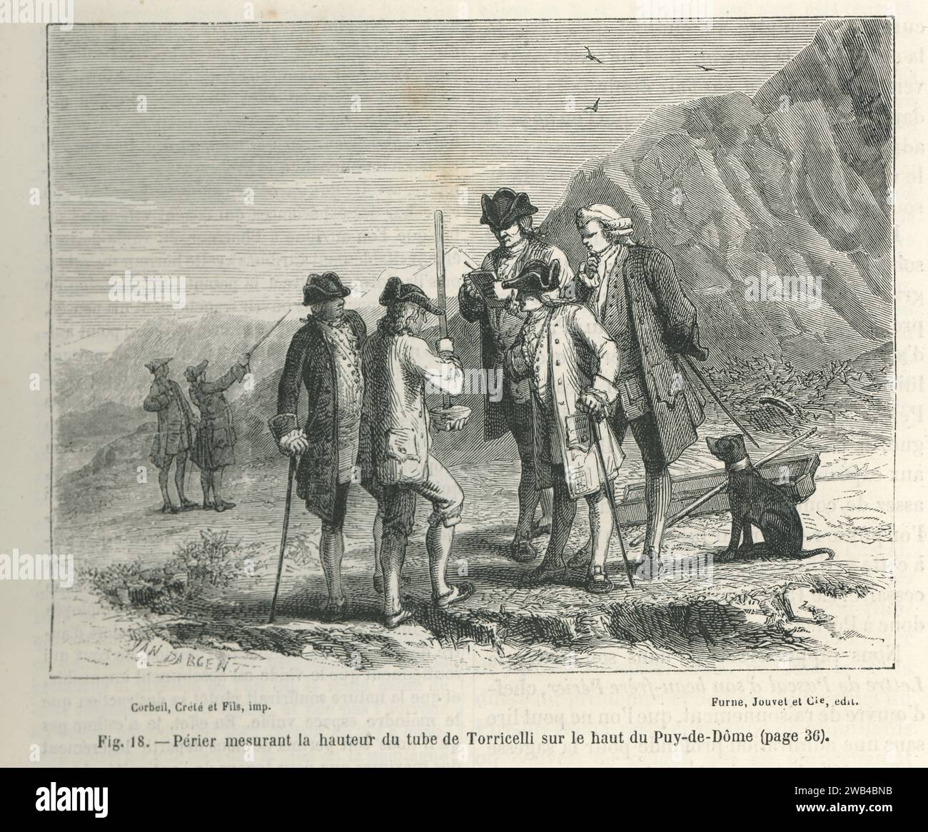 Die Anfänge der Meteorologie: Am 19. September 1648 führte Florin Périer auf Bitten von Blaise Pascal das Torricelli-Röhrenexperiment auf der Spitze des Puy-de-Dôme-Berges durch und bewies die Existenz von atmosphärischem Druck. Illustration aus „Les Merveilles de la Science ou description populaire des inventions modern“ von Louis Figuier geschrieben und 1867 bei Furne, Jouvet et Cie veröffentlicht. Stockfoto