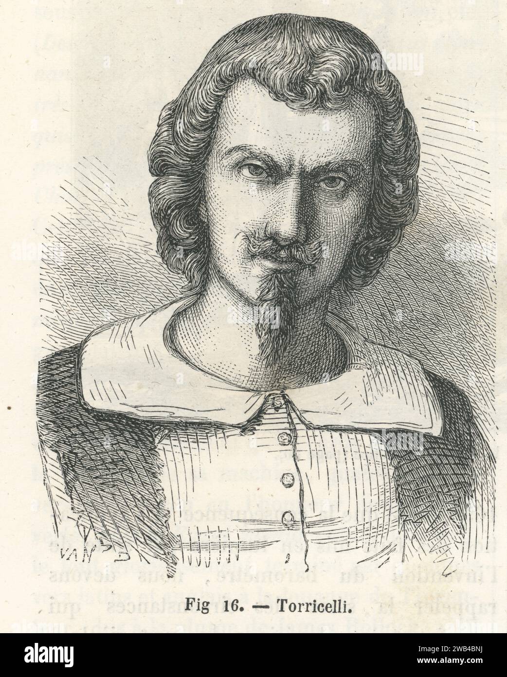 Porträt von Evangelista Torricelli, dem italienischen Physiker und Mathematiker aus dem 17. Jahrhundert, der das Barometer erfand. Illustration aus „Les Merveilles de la Science ou description populaire des inventions modern“ von Louis Figuier geschrieben und 1867 bei Furne, Jouvet et Cie veröffentlicht. Stockfoto