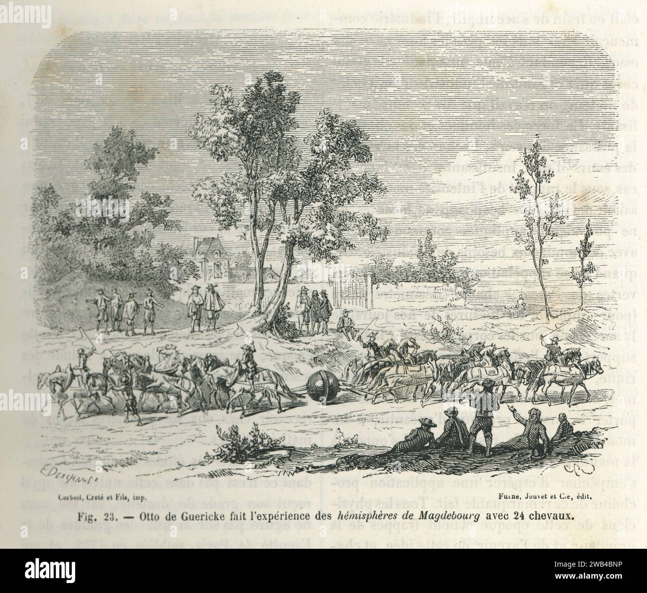 Otto von Guericke führte das Magdeburger Hemisphären-Experiment vor Kaiser Ferdinand III. Von Habsburg durch: Indem er ein künstliches Vakuum in zwei Hohlhalbkugeln schuf, die mit zwei 15-Pferdewagen verbunden waren, bewies er, dass es praktisch unmöglich war, sie zu trennen, was die Wirkung des atmosphärischen Drucks demonstrierte. 8. Mai 1654 Illustration aus „Les Merveilles de la Science ou description populaire des inventions modern“ von Louis Figuier geschrieben und 1867 bei Furne, Jouvet et Cie veröffentlicht. Stockfoto