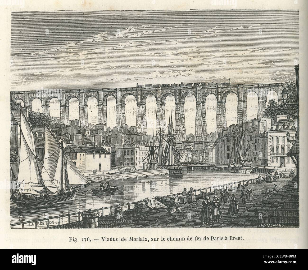 Blick auf das Eisenbahnviadukt Morlaix (Finistère, Bretagne), das 1865 gebaut wurde, um den Fluss Morlaix zu überqueren und Brest mit Paris zu verbinden. Illustration aus „Les Merveilles de la Science ou description populaire des inventions modern“ von Louis Figuier geschrieben und 1867 bei Furne, Jouvet et Cie veröffentlicht. Stockfoto