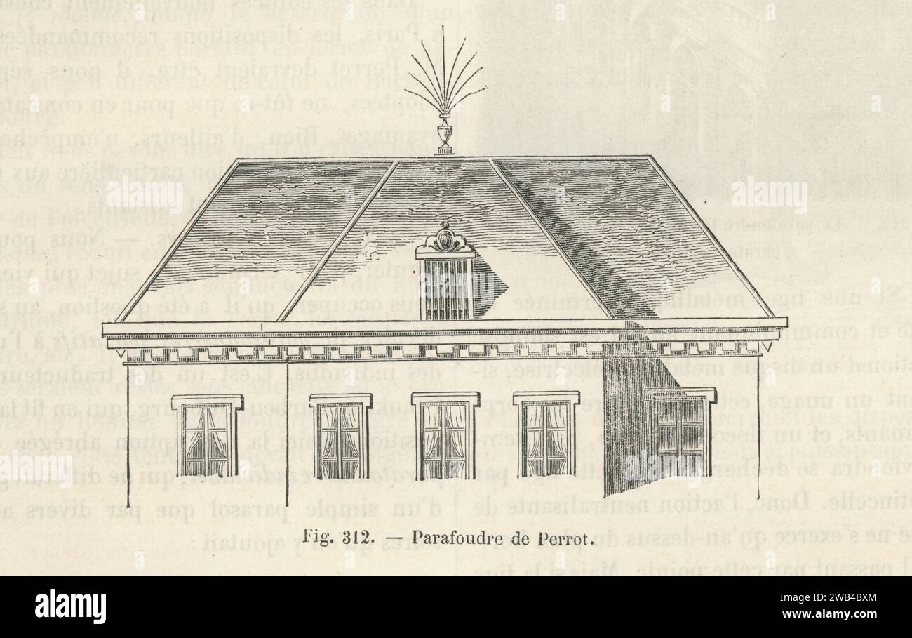Der von Mr. Perrot entwickelte Blitzableiter. Illustration aus „Les Merveilles de la Science ou description populaire des inventions modern“ von Louis Figuier geschrieben und 1867 bei Furne, Jouvet et Cie veröffentlicht. Stockfoto