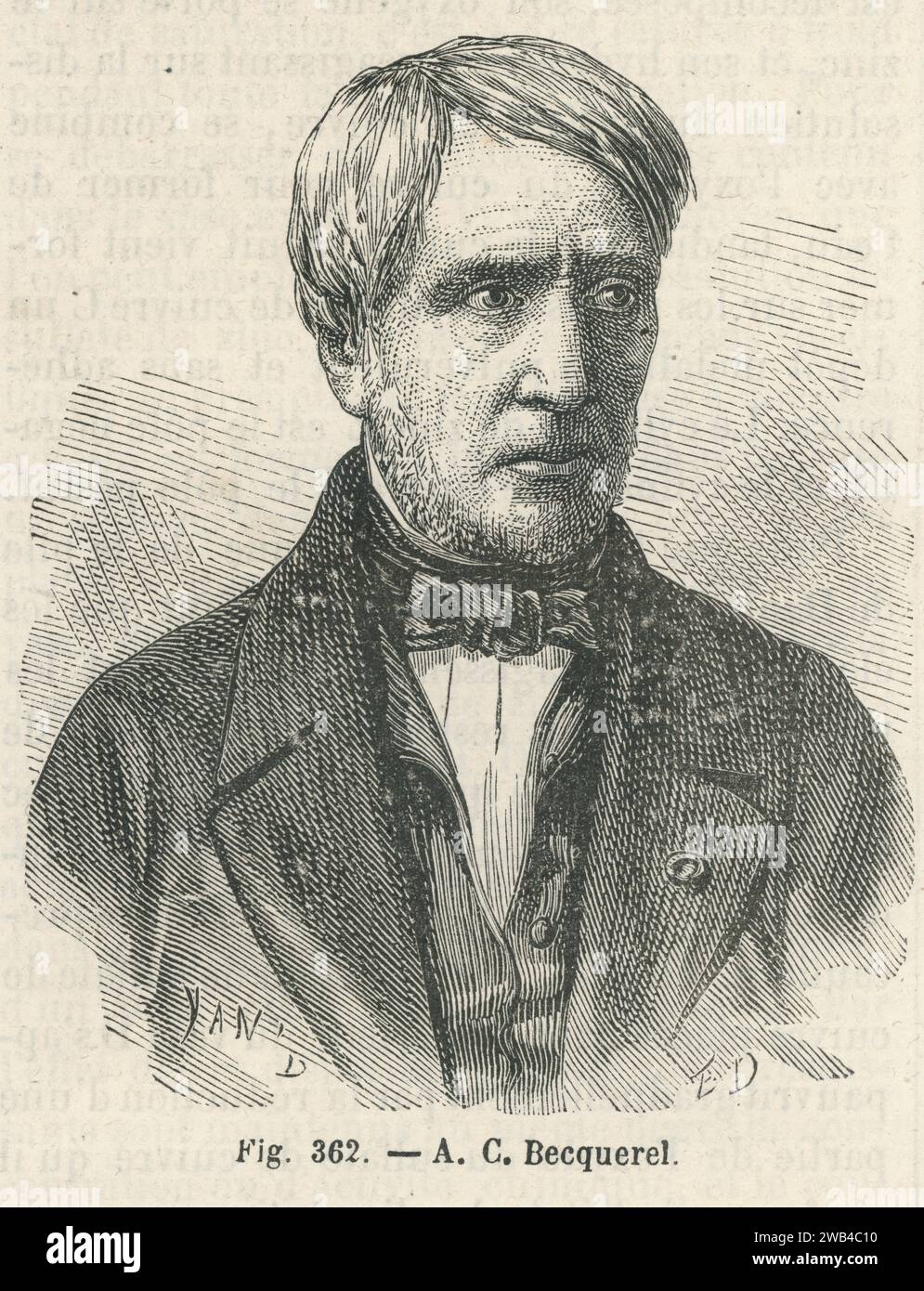 Porträt des französischen Physikers Antoine César Becquerel. Illustration aus „Les Merveilles de la Science ou description populaire des inventions modern“ von Louis Figuier geschrieben und 1867 bei Furne, Jouvet et Cie veröffentlicht. Stockfoto