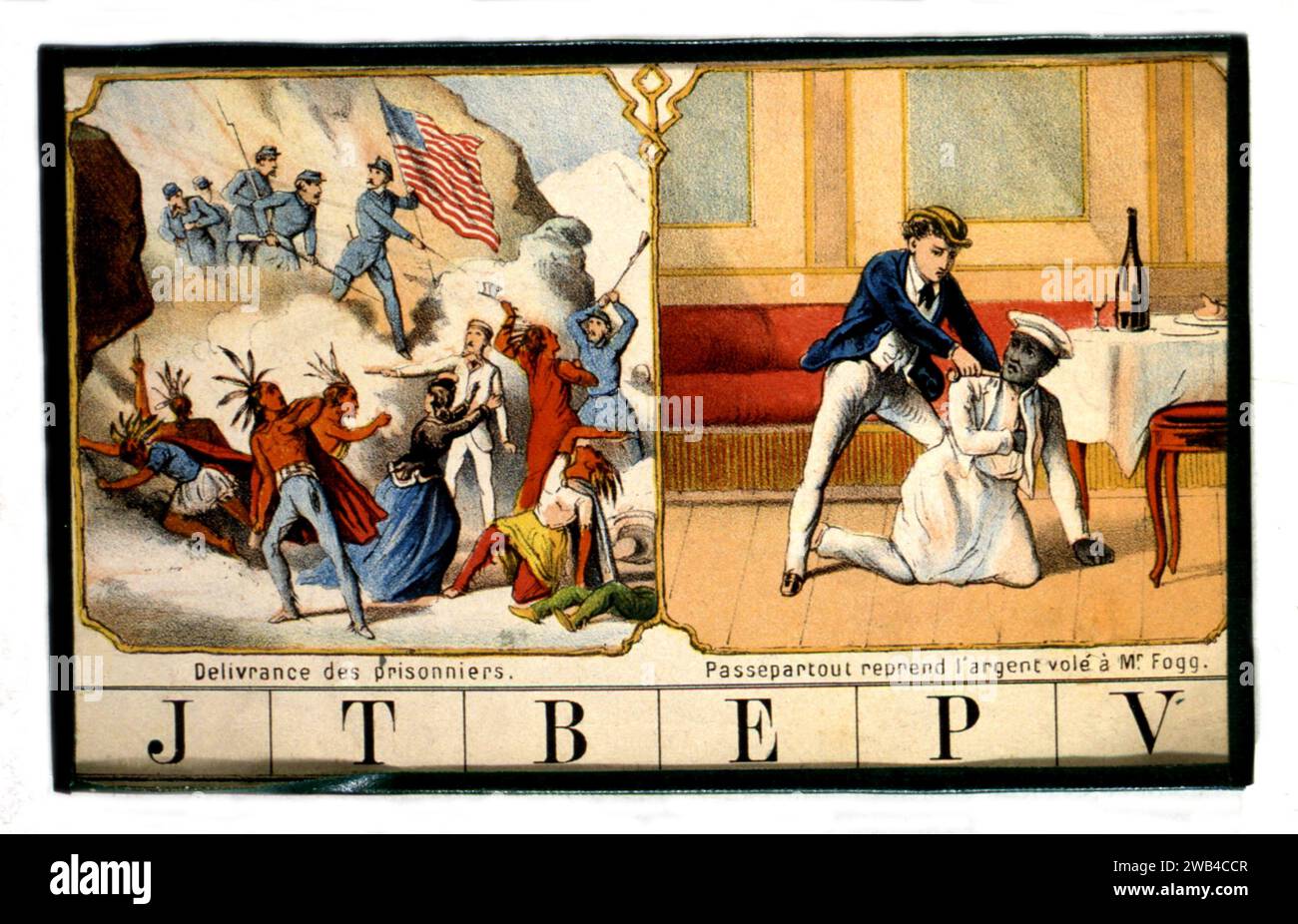 Jules Verne „Around the World in Achtzig Days“ (französisch: Le Tour du Monde en quatre-vingts jours) Catchpenny-Druck Nantes aus dem 19. Jahrhundert, Jules Verne Museum Stockfoto