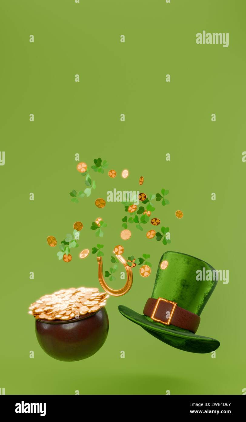 St. Patrick's Day. Leprechaun Hut, Topf mit Goldmünzen Hufeisenklee. 3D-Rendering. Stockfoto