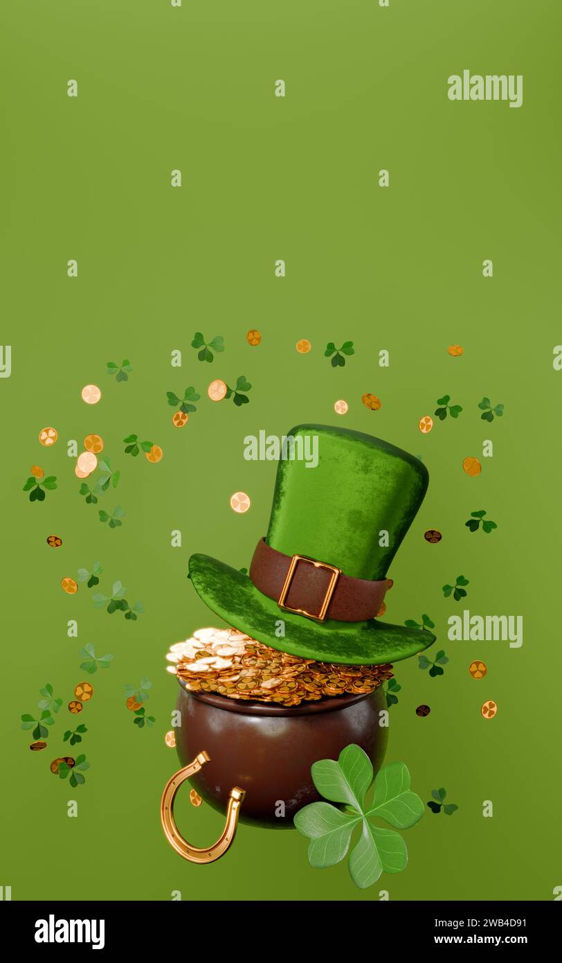St. Patrick's Day. Grußkarte Kobold Hut, Topf mit Goldmünzen Hufeisen Klee. 3D-Rendering. Stockfoto