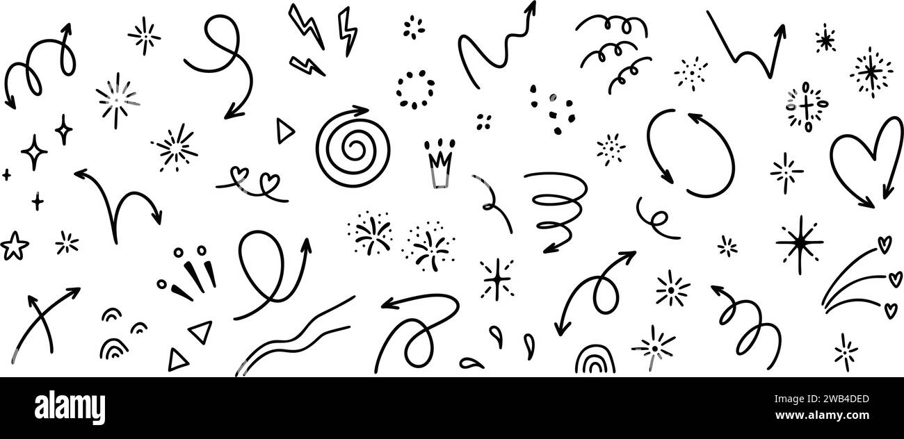 Niedliches Set mit Handschrift-Elementen. Handgezeichnete, skizzierte Kurvenpfeile, Glitzer, Sterne, Konfetti, Feuerwerk, Herz, Burst. Urlaub, Überraschung, Cele Stock Vektor