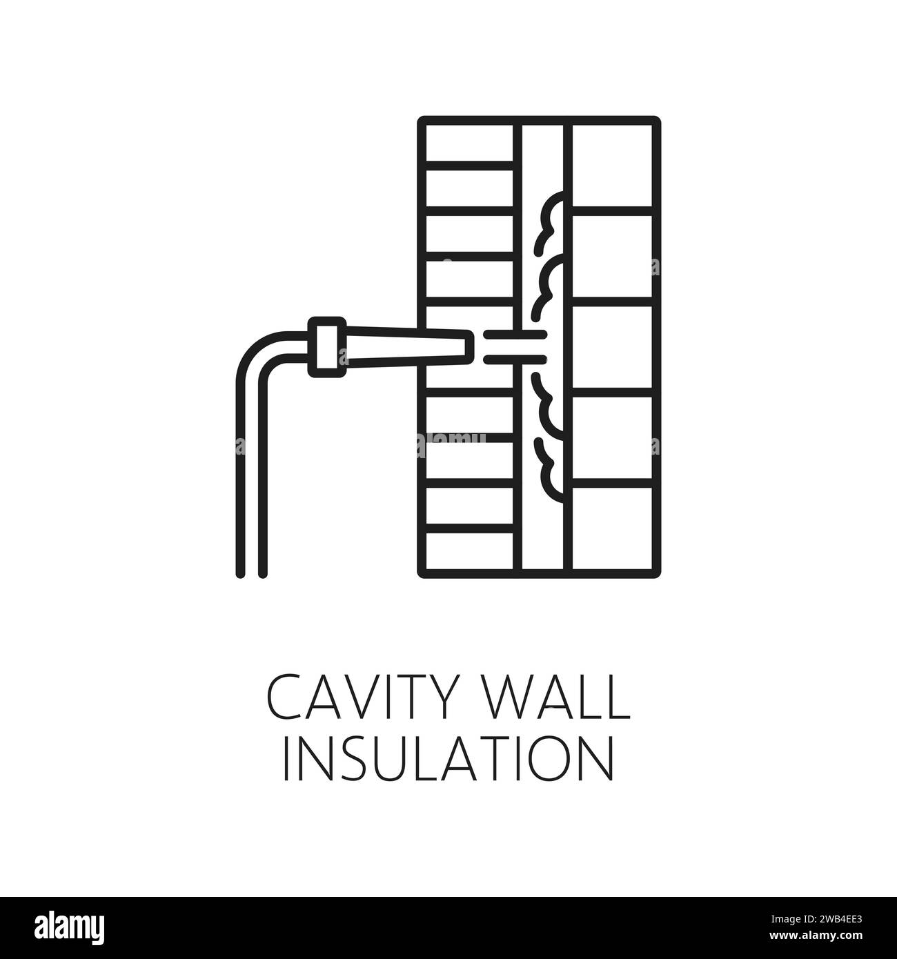 Wärmedämmsymbol für Hohlwand für Hausbau und Gebäude, Umrissvektor. Innenisolierung von Mauerwerk oder Betonmauerwerk für Kälte-, Wärme-, Feuchtigkeits- oder Schallschutz Stock Vektor