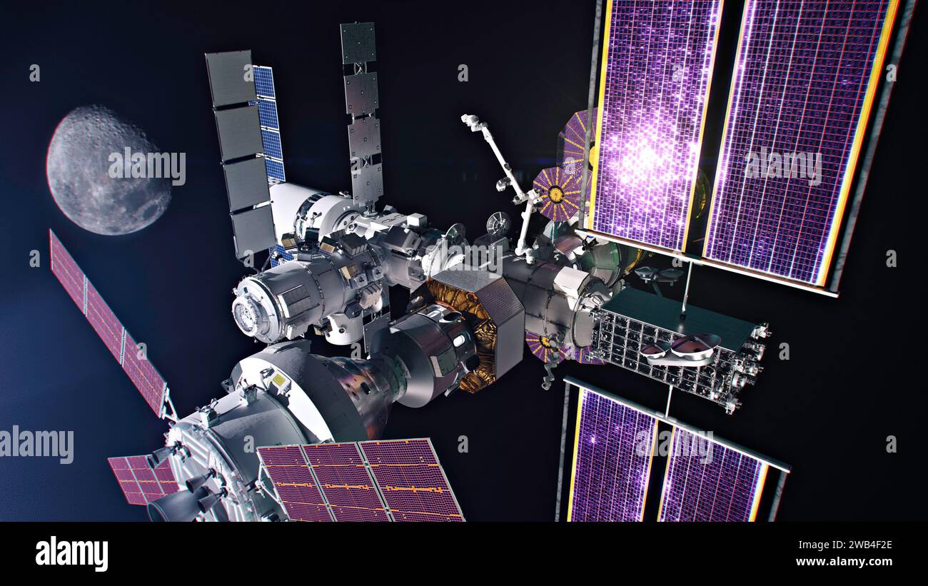 Die Gateway-Raumstation wird die erste Weltraumstation der Menschheit um den Mond sein, als wichtiger Bestandteil der Artemis-Missionen, um Menschen in die zurückzubringen Stockfoto