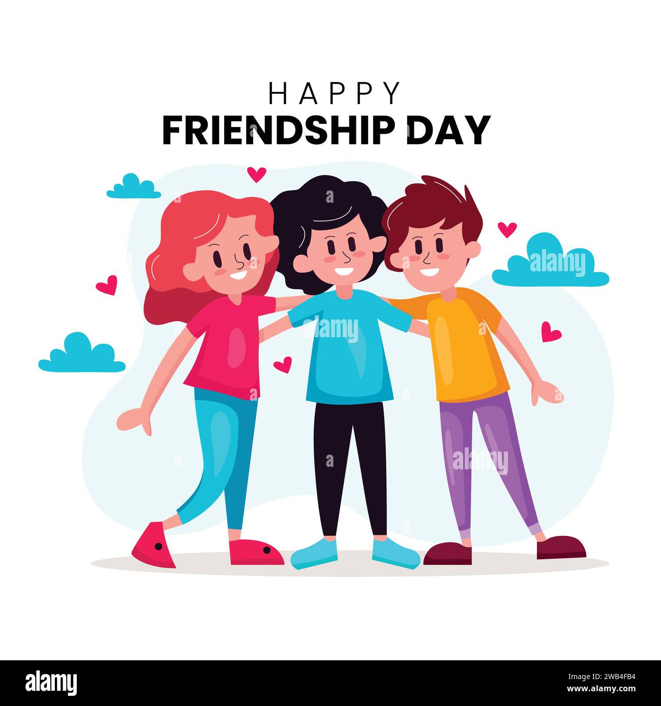 Happy Friendship Day nette Zeichentrickfigur Illustration mit jungen Jungen und Mädchen der Umarmung zusammen oder ihre Hände in flachen Stil Vektor. Stock Vektor