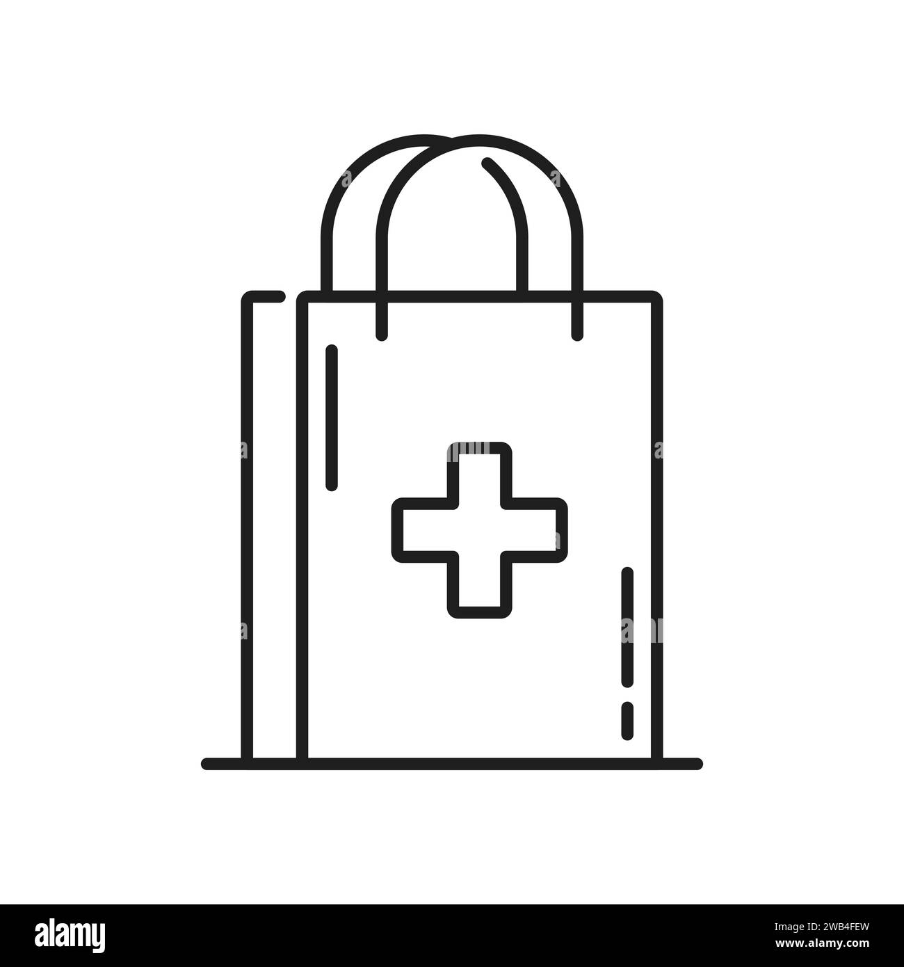 Apotheke Tasche Linie Symbol, Medikamente bestellen Paket der medizinischen Behandlungen, Umrissvektor. Apotheke Online Shop Web Piktogramm der Papiertüte mit medizinischem Kreuz und Griffen in dünner Linie für Gesundheitsprodukte Stock Vektor