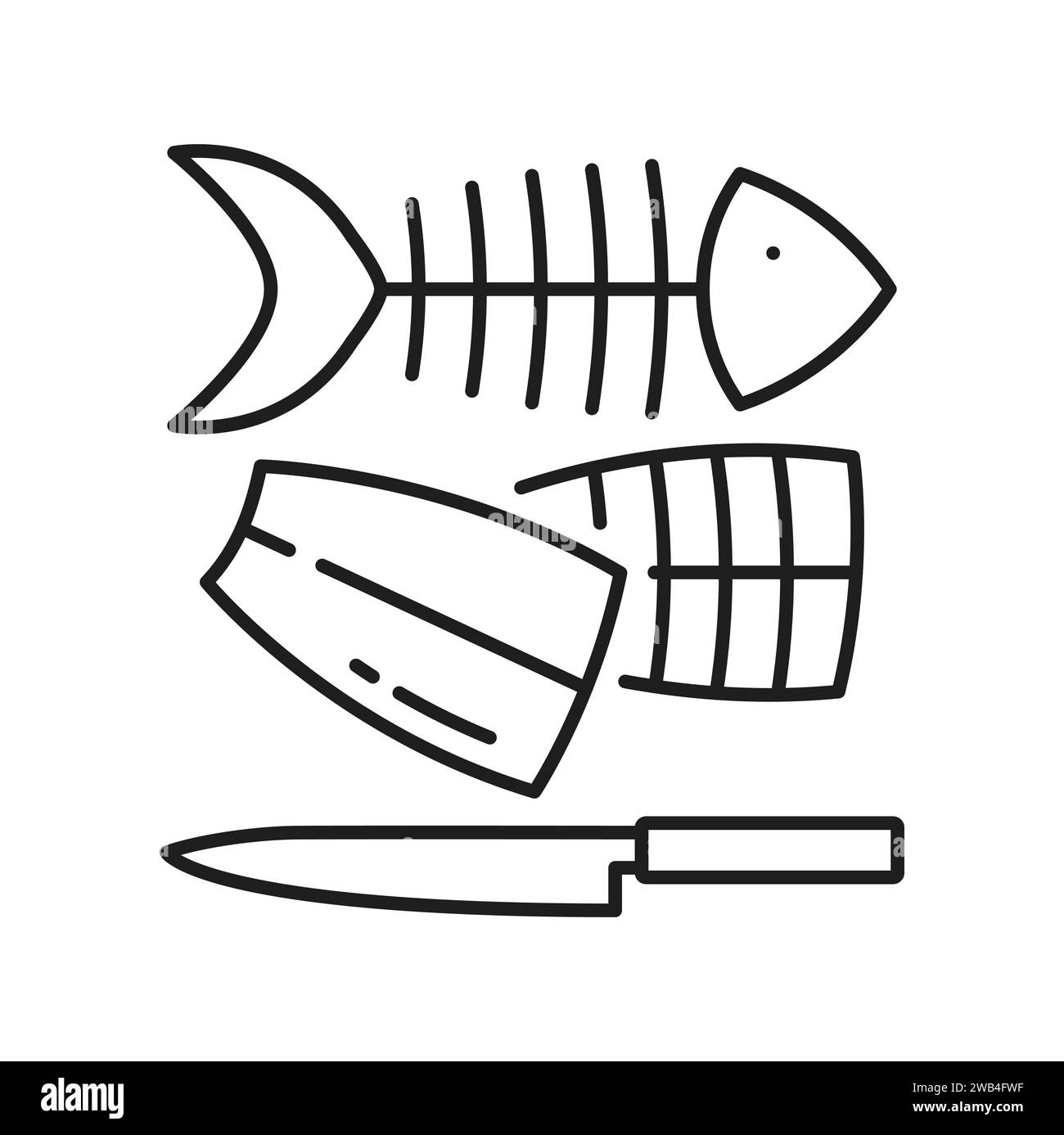 Rohfisch Verarbeitung, Schneiden und Filetieren Symbol für die isolierte Fischereiindustrie. Vektorstücke von Fischen und Knochen, Messer-Umrisszeichen Stock Vektor