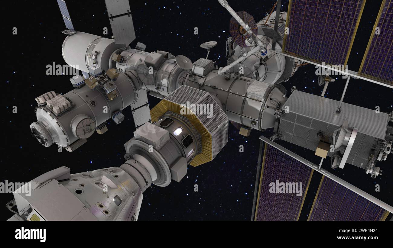 Die Gateway-Raumstation wird die erste Weltraumstation der Menschheit um den Mond sein, als wichtiger Bestandteil der Artemis-Missionen, um Menschen in die zurückzubringen Stockfoto