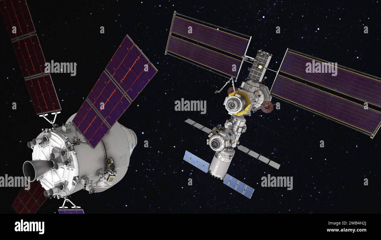 Die Gateway-Raumstation wird die erste Weltraumstation der Menschheit um den Mond sein, als wichtiger Bestandteil der Artemis-Missionen, um Menschen in die zurückzubringen Stockfoto