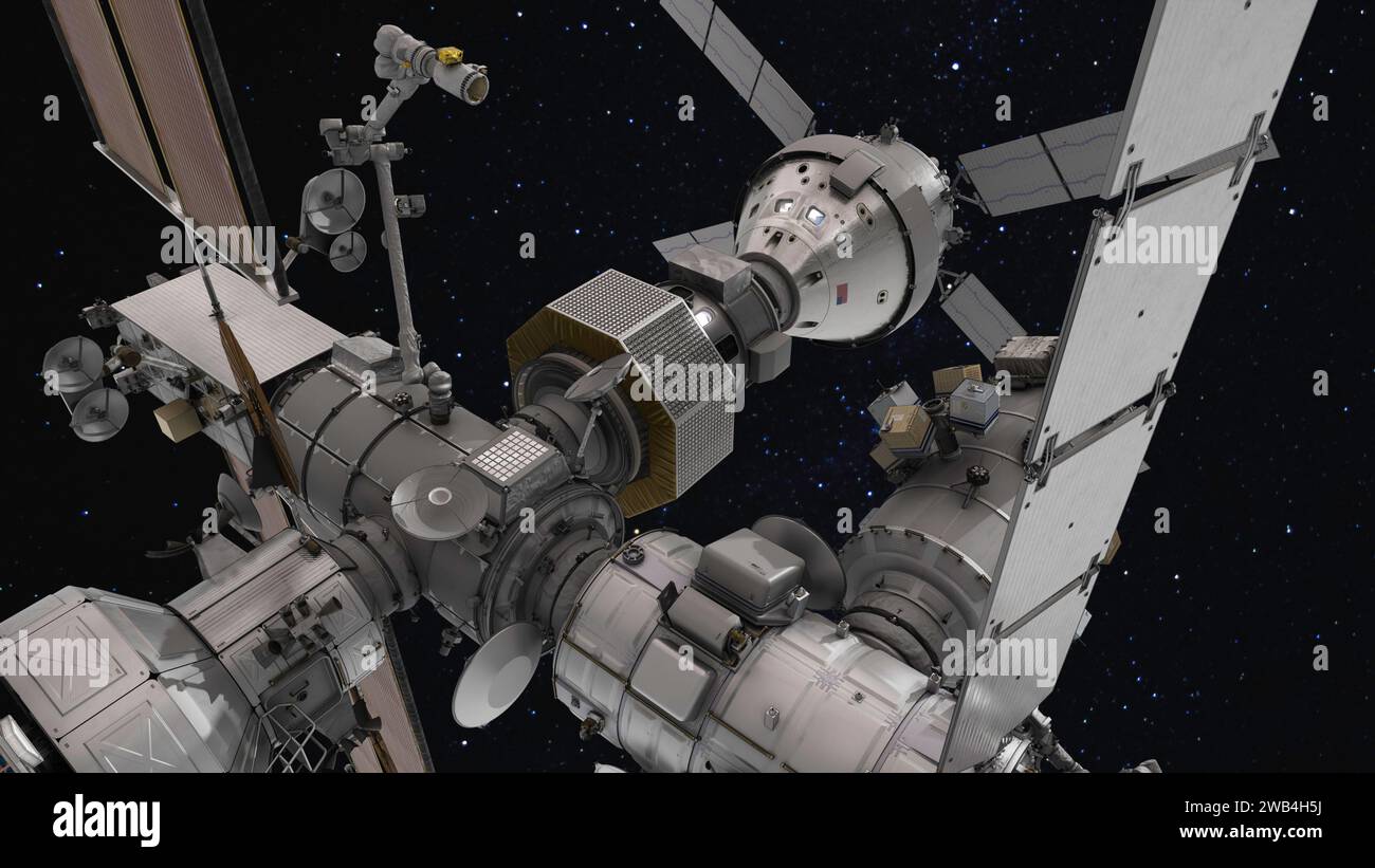 Die Gateway-Raumstation wird die erste Weltraumstation der Menschheit um den Mond sein, als wichtiger Bestandteil der Artemis-Missionen, um Menschen in die zurückzubringen Stockfoto