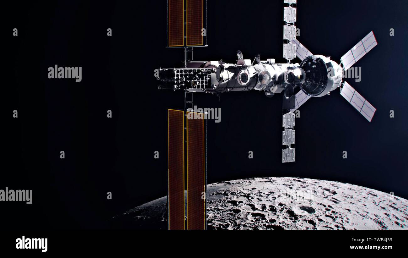 Die Gateway-Raumstation wird die erste Weltraumstation der Menschheit um den Mond sein, als wichtiger Bestandteil der Artemis-Missionen, um Menschen in die zurückzubringen Stockfoto