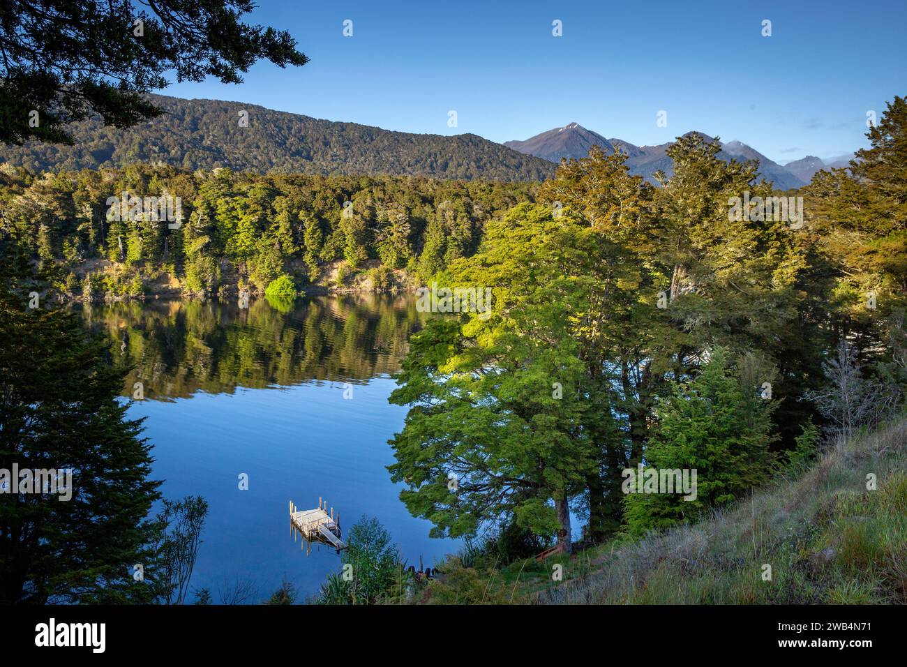 Schwimmendes Dock und das ruhige Wasser von Pearl Harbor am Waiau River bei Manapouri, Aotearoa (Neuseeland), Waipounamu (Südinsel) Stockfoto