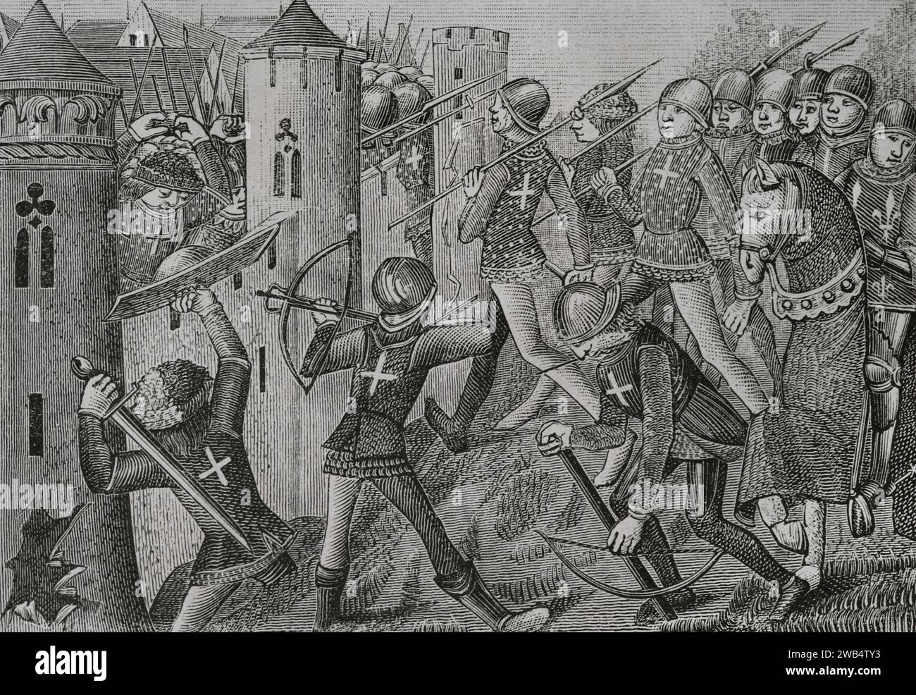 Hundertjähriger Krieg (1415-1429). Schlacht von Jargeau (11-12. Juni 1429). Die Franzosen, angeführt von Joan of Arc, ergriffen die Initiative und besiegten die englischen Truppen. Wie Gergeau genommen wurde. Kupferstich aus einer Miniatur der französischen Handschrift „Vigiles du ROI Charles VII“, ca. 1484. Sciences & Lettres au Moyen Age et à l'époque de la Renaissance. Paris, 1877. Stockfoto