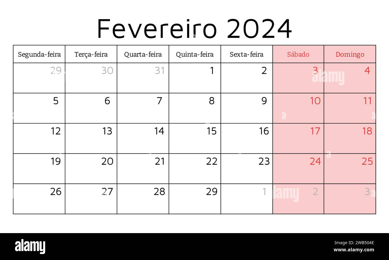 portugiesischer Kalender für Februar 2024. Vektorabbildung. Monatliche Planung für Ihr Unternehmen in Portugal Stock Vektor