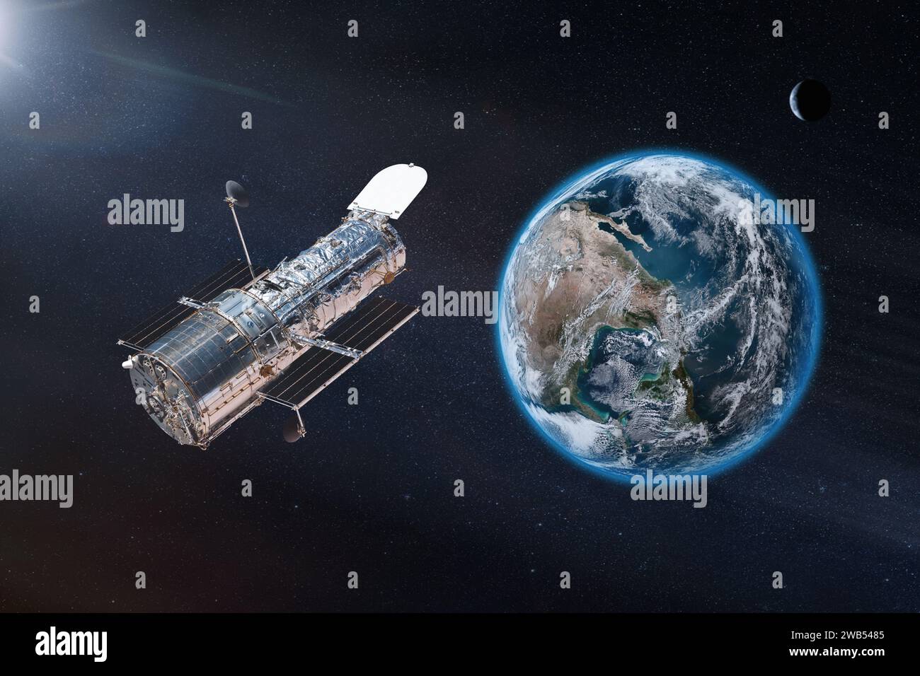 Weltraumteleskop Hubble in der Nähe des Planeten Erde. Elemente dieses Bildes, bereitgestellt von der NASA. Stockfoto